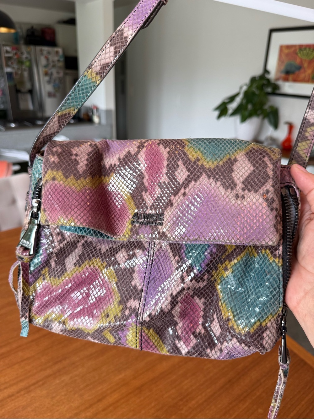 Aimee Kestenberg Pink Teal Yellow Snakeskin-print Crossbody Bag